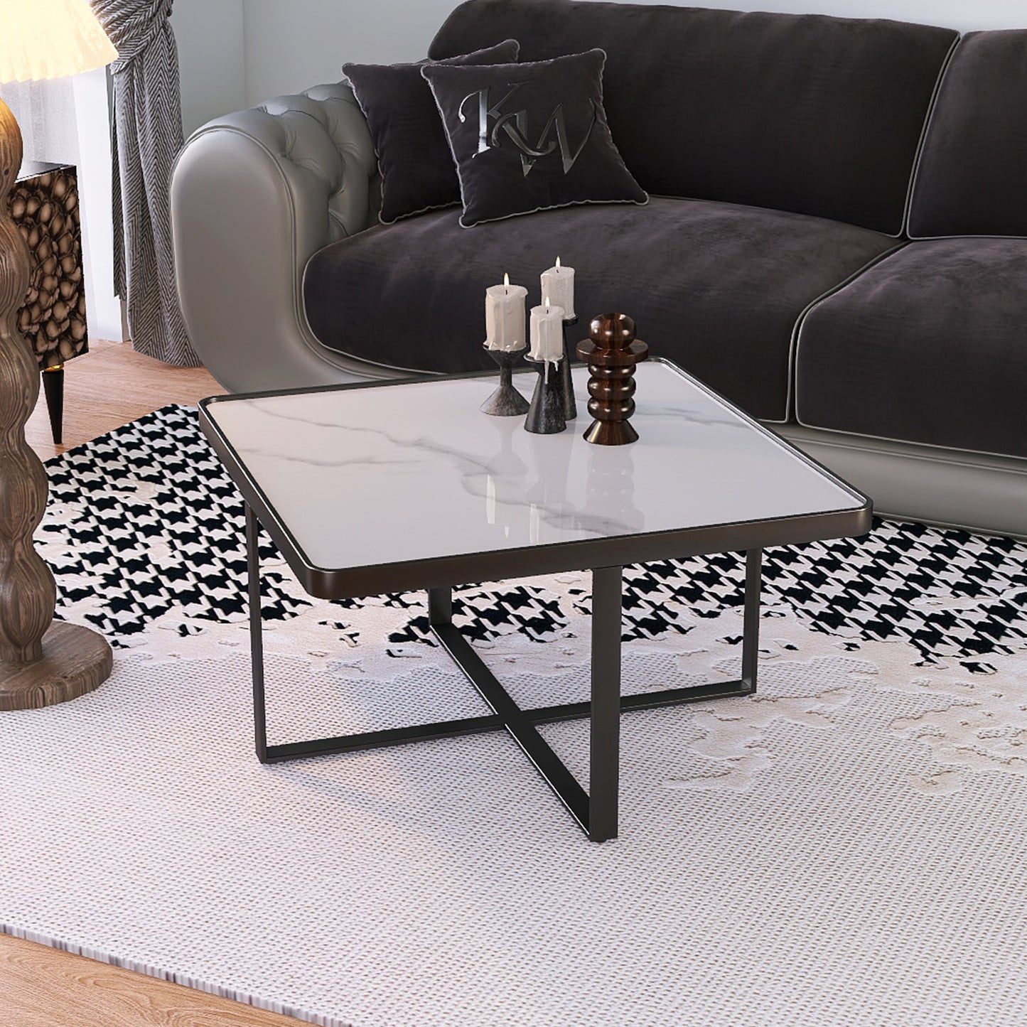 Minimalist Square Coffee Table Black Metal Frame Sintered Stone Top Modern Living Room Furniture