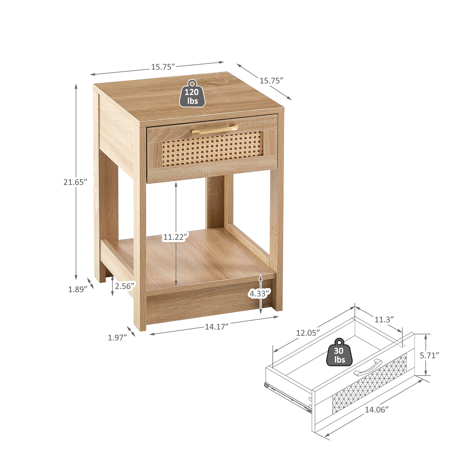 15.75 Inch Rattan End Table with Drawer Modern Nightstand Side Table for Living Room Bedroom Natural Design