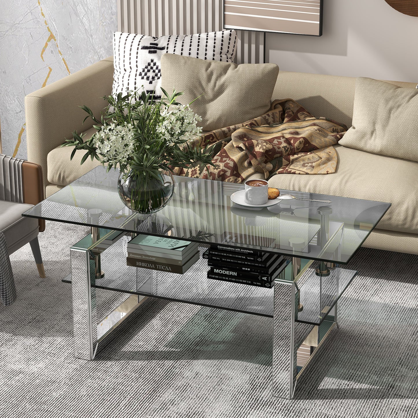 Transparent Tempered Glass Coffee Table 39.4 Inch Modern Design Living Room Furniture Stylish and Durable