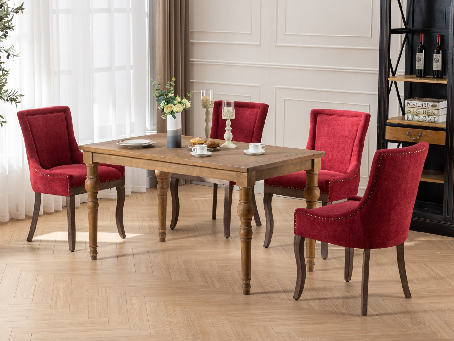 Ultra Side Dining Chair,Thickened fabric chairs with neutrally toned solid wood legs,Bronze nail head,Set of 2,Wine Red,Burgundy,SW1807WR