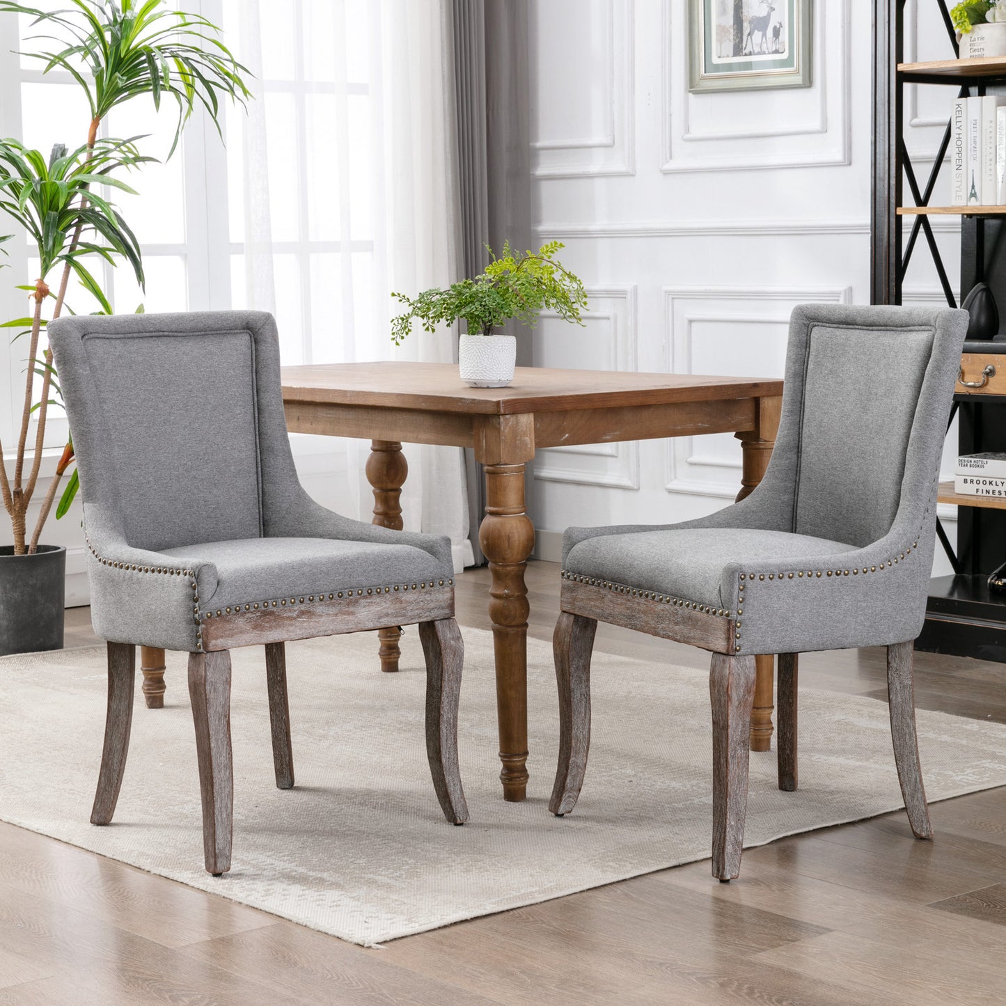 Ultra Side Dining Chair,Thickened fabric chairs with neutrally toned solid wood legs, Bronze nail head,Set of 2,Gray
