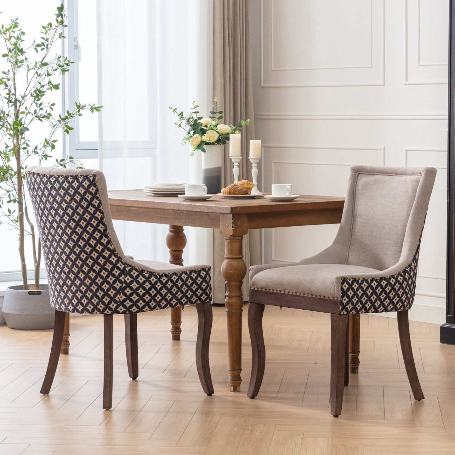 Ultra Side Dining Chairs Set of 2 Beige Thick Fabric with Solid Wood Legs and Bronze Nail Head