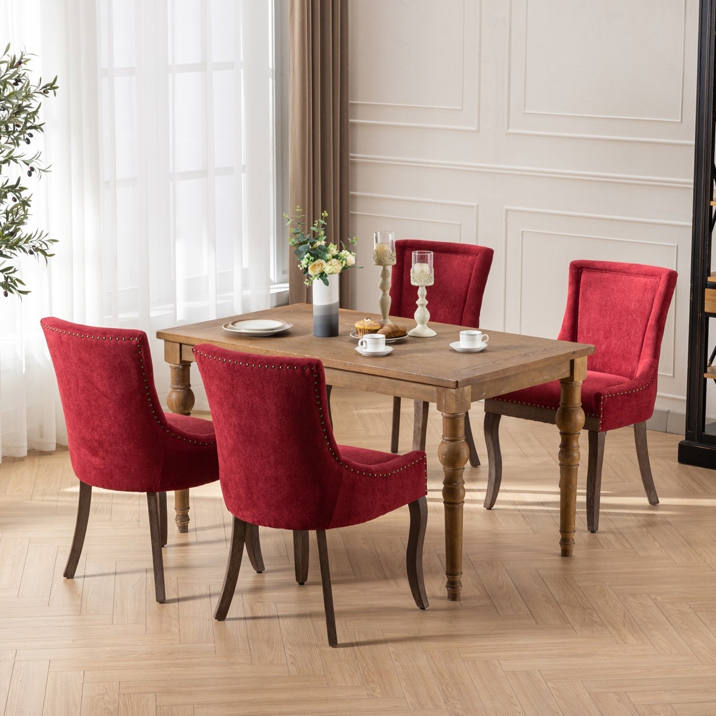 Ultra Side Dining Chair,Thickened fabric chairs with neutrally toned solid wood legs,Bronze nail head,Set of 2,Wine Red,Burgundy,SW1807WR