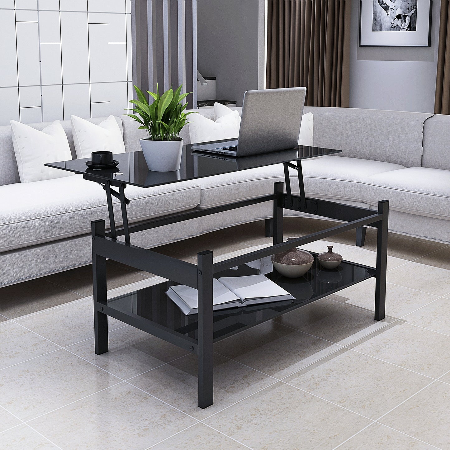 Modern Glass Lift Top Coffee Table with 2-Layer Design for Living Room Black Tempered Glass
