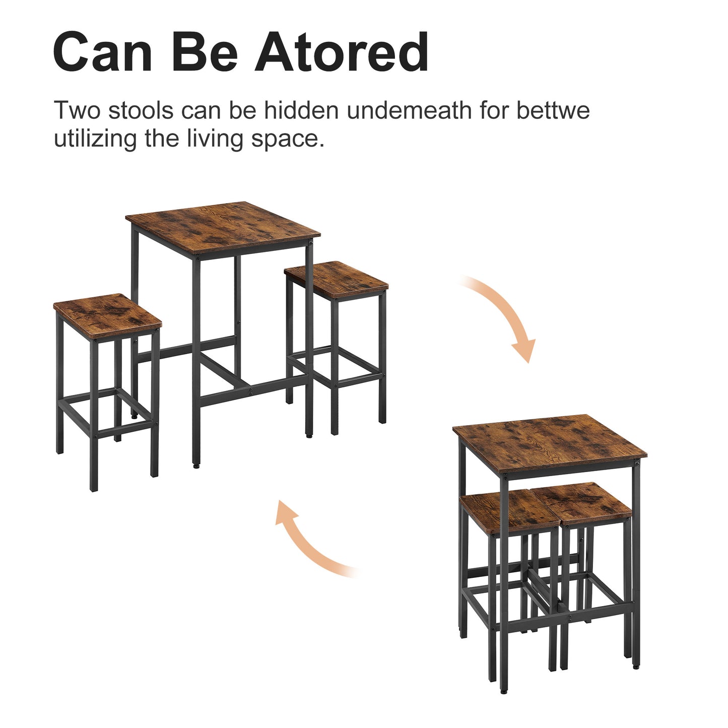 Industrial Square Bar Table Set with 2 Rustic Brown Chairs for Kitchen Living Room Space Saving 23.6x23.6x35.4 Inches