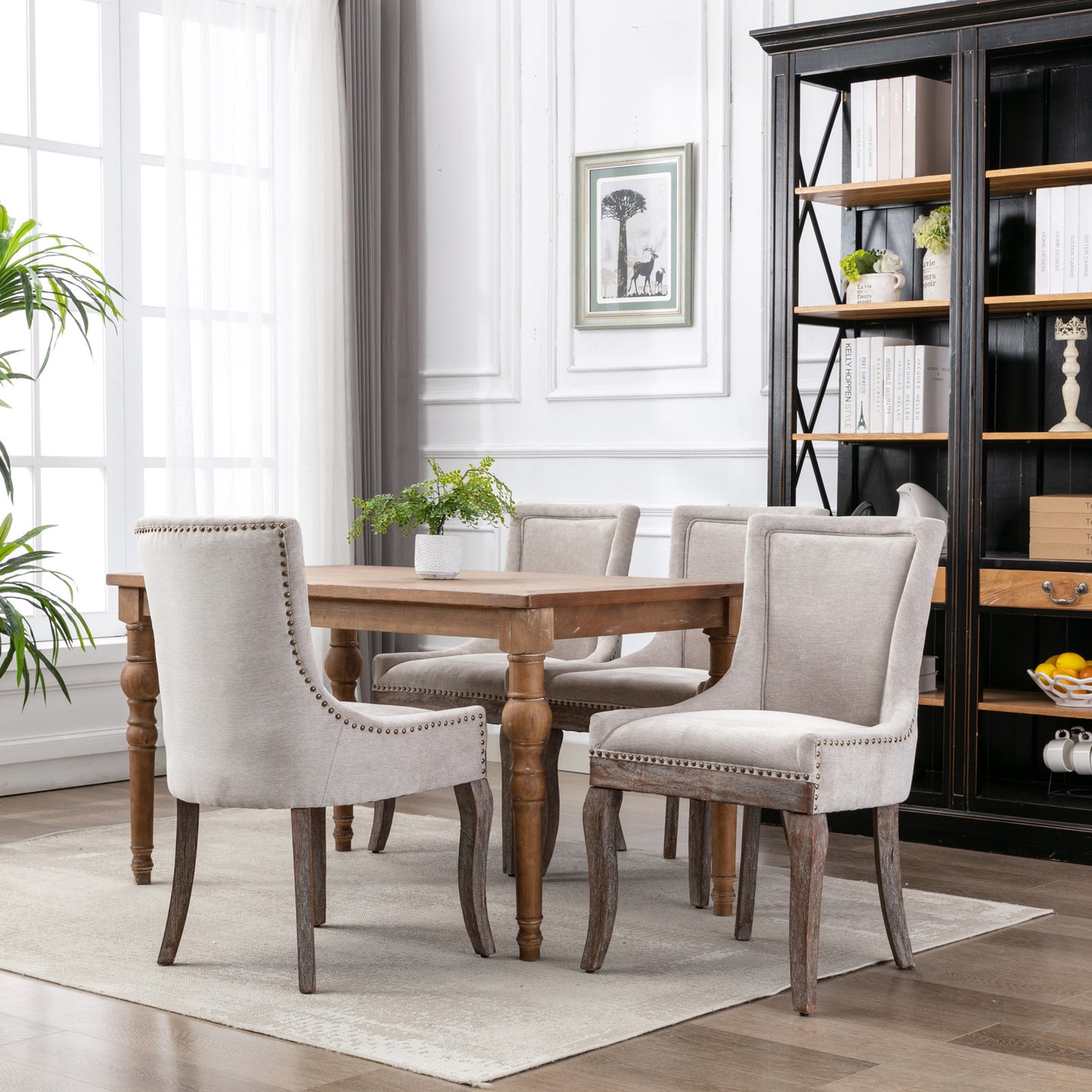 Ultra Side Dining Chair,Thickened fabric chairs with neutrally toned solid wood legs, Bronze nail head,Set of 2,Beige