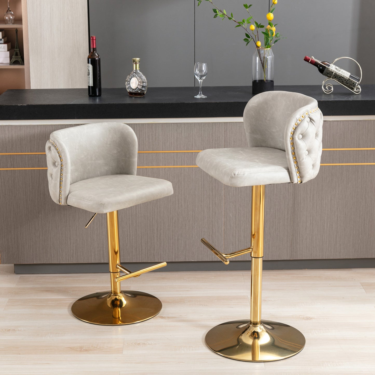 Adjustable Height Swivel Bar Stools with Tufted Backrest Modern PU Upholstery for Kitchen Island and Home Pub Beige Set of 2