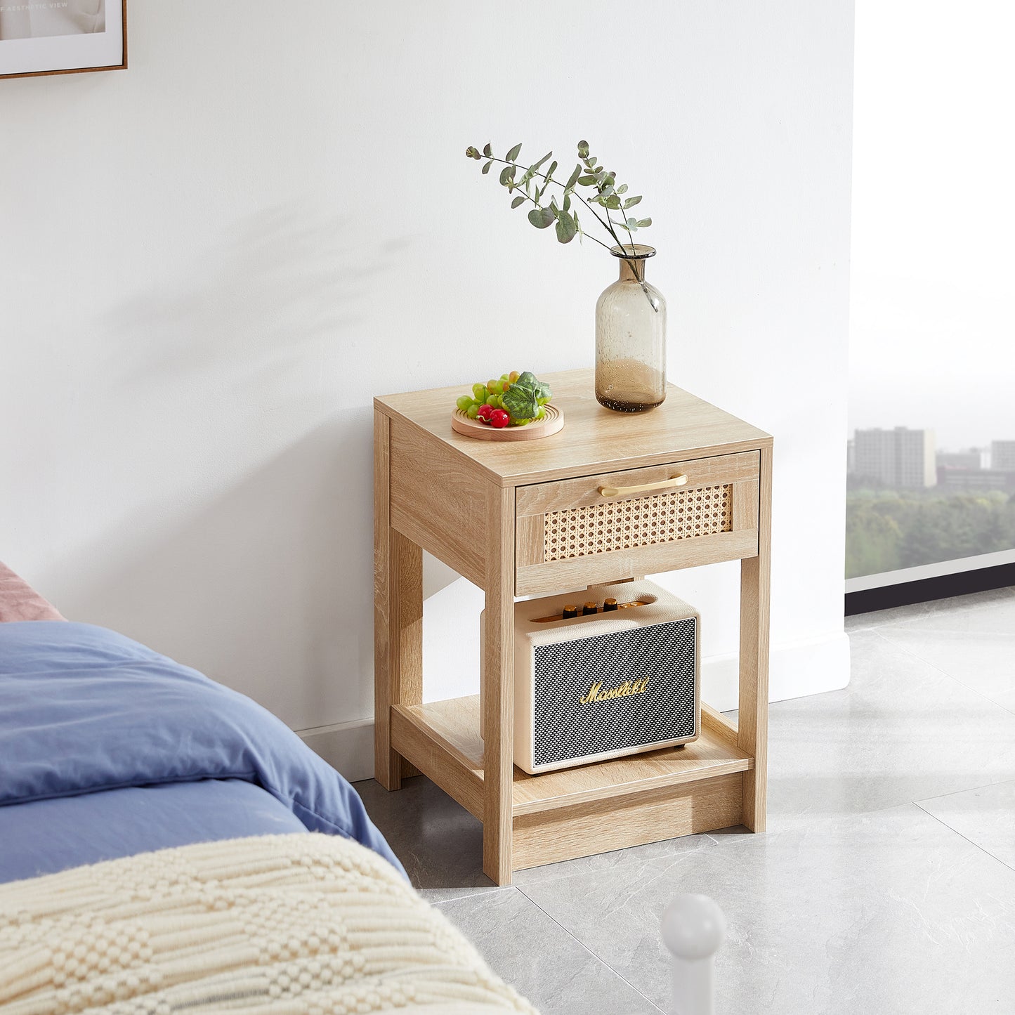 15.75 Inch Rattan End Table with Drawer Modern Nightstand Side Table for Living Room Bedroom Natural Design