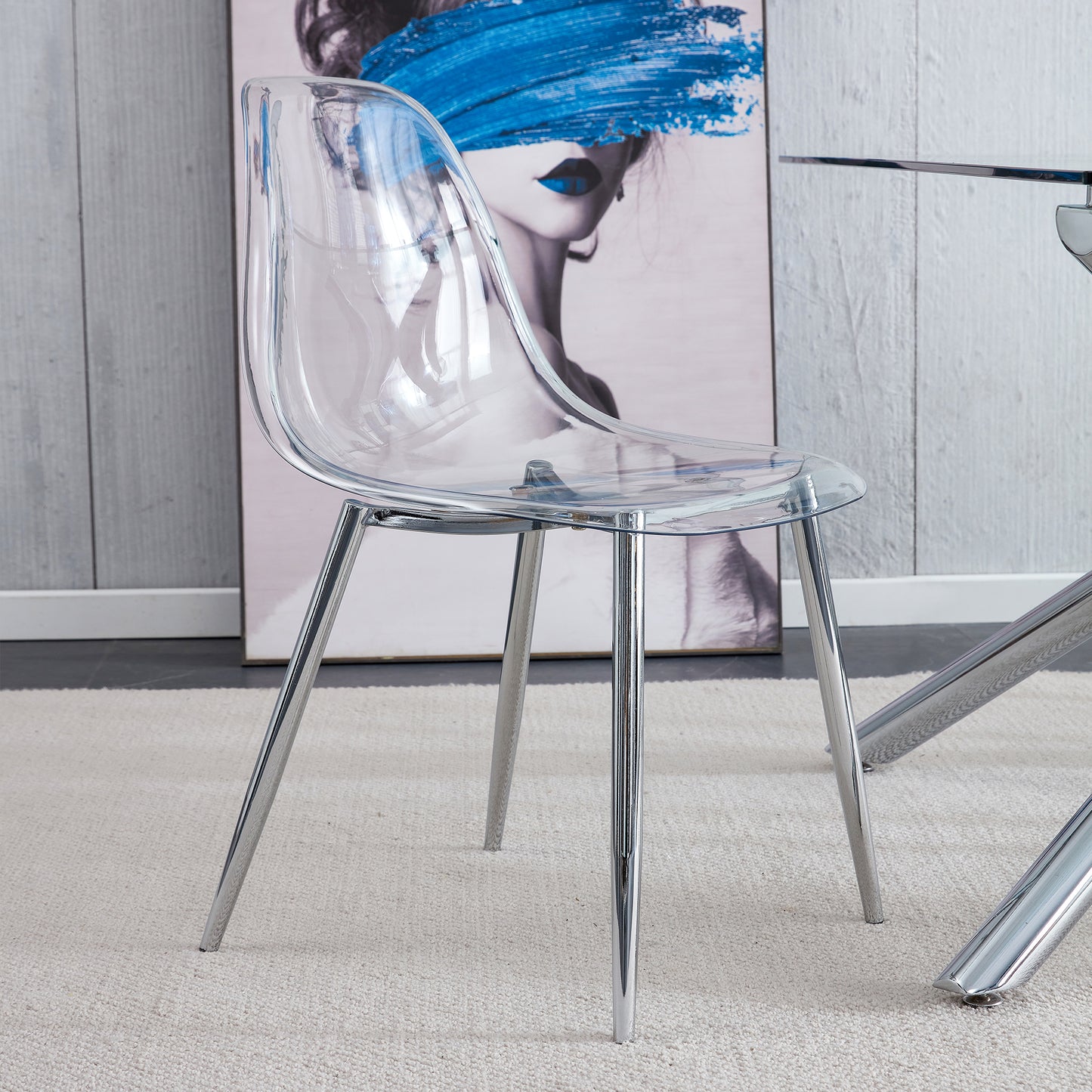 Modern Minimalist Transparent Dining Chair Set 6pcs Armless Nordic Makeup Stool with Silver Plated Metal Legs