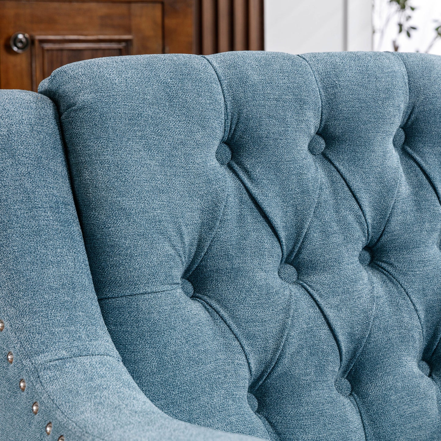Blue Accent Chair, Living Room Chair, Footrest Chair Set with Vintage Brass Studs, Button Tufted Upholstered Armchair for Living Room, Comfy Reading Chair for Bedroom, Reception Room