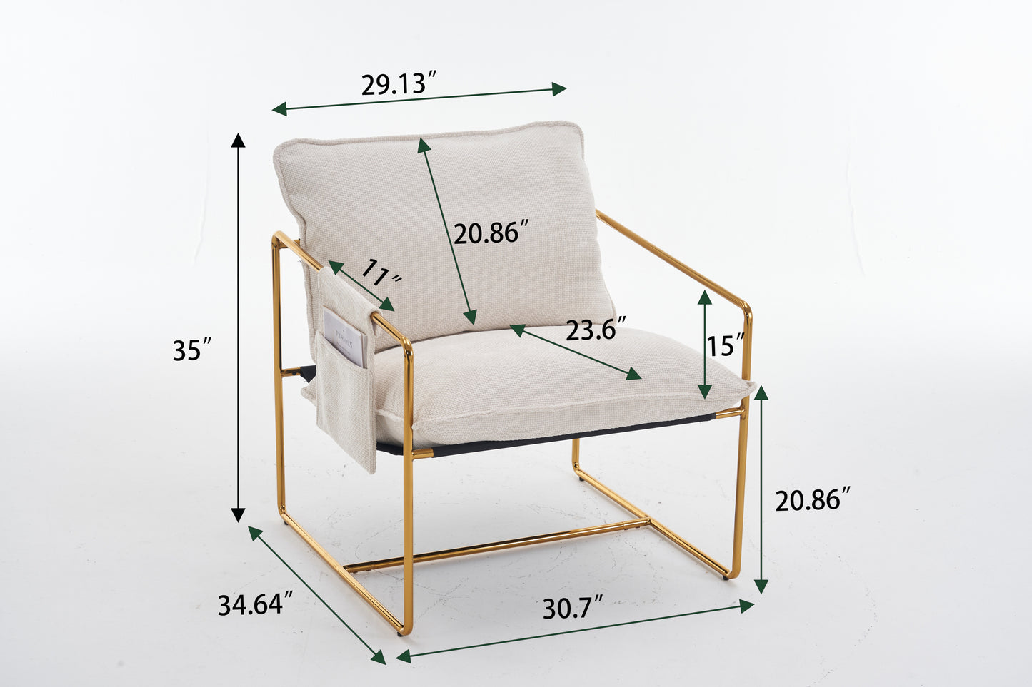 Beige Upholstered Hanging Armchair with Arm Pockets Metal Frame Gold-Plated Cushions for Living Room Bedroom