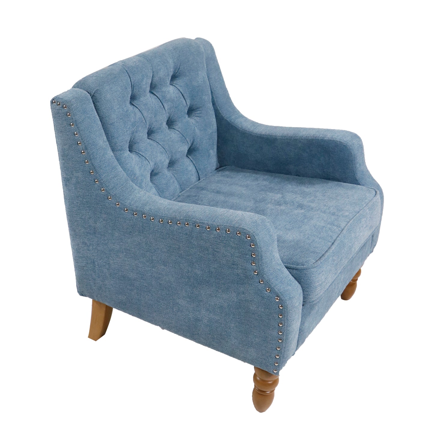 Blue Accent Chair, Living Room Chair, Footrest Chair Set with Vintage Brass Studs, Button Tufted Upholstered Armchair for Living Room, Comfy Reading Chair for Bedroom, Reception Room