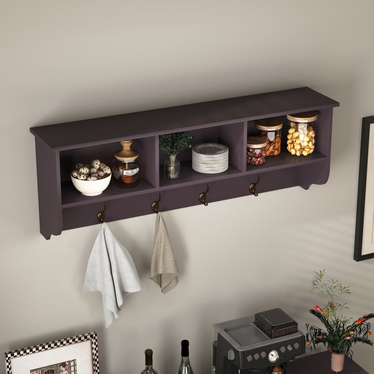 Espresso Wall Mounted Coat Rack with 4 Dual Hooks & Wooden Storage Shelf for Entryway & Living Room