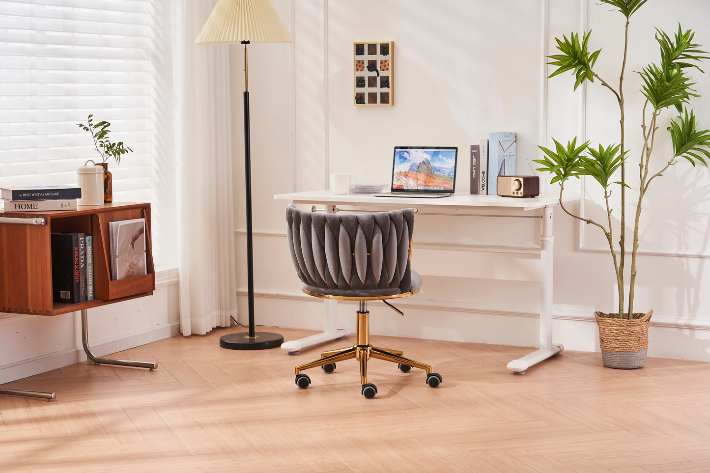 Ergonomic Dark Grey Upholstered Office Desk Chair with Adjustable Swivel Wheels for Home and Study
