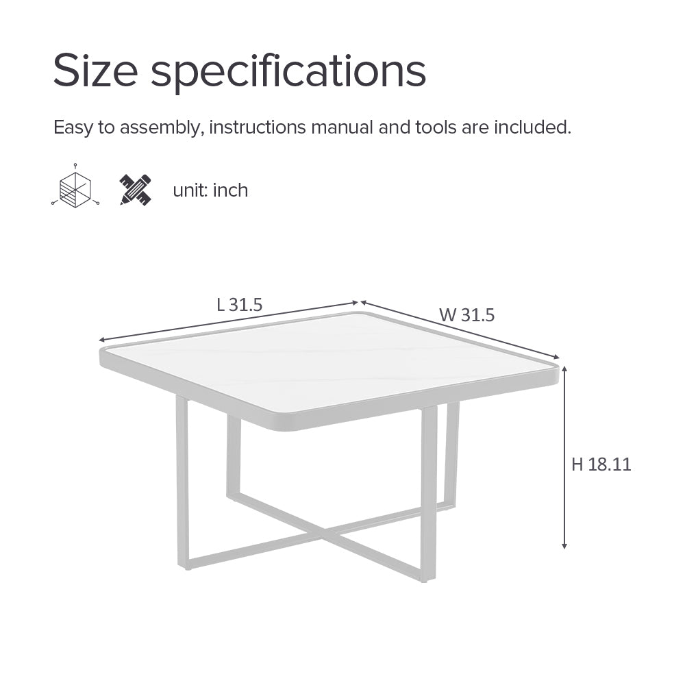 Minimalist Square Coffee Table Black Metal Frame Sintered Stone Top Modern Living Room Furniture