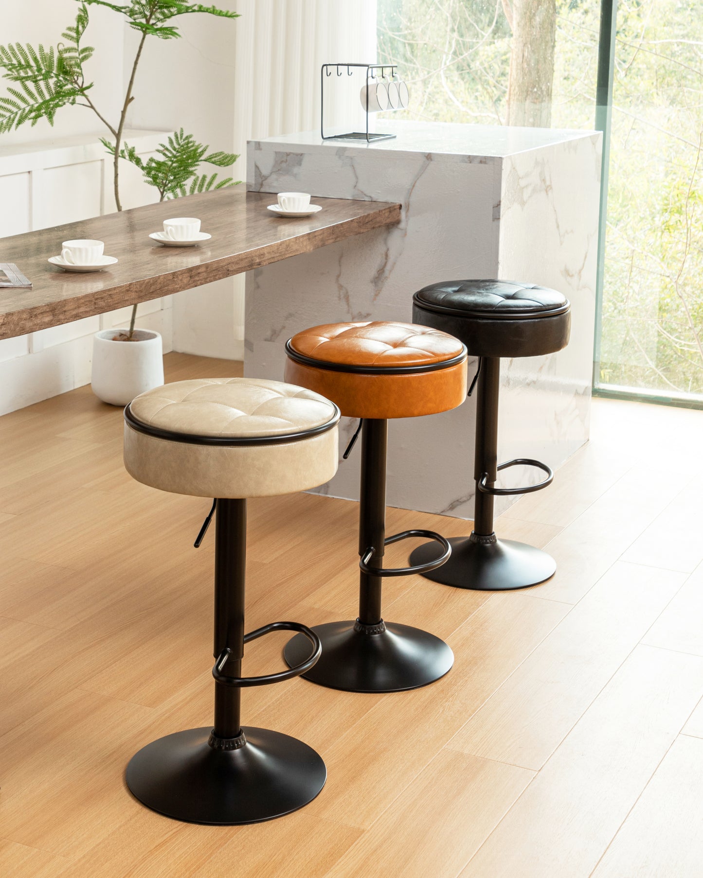Adjustable Brown Faux Leather Bar Stool Set of 2 360° Swivel Armless Counter Height Chairs for Kitchen Dining Living Room