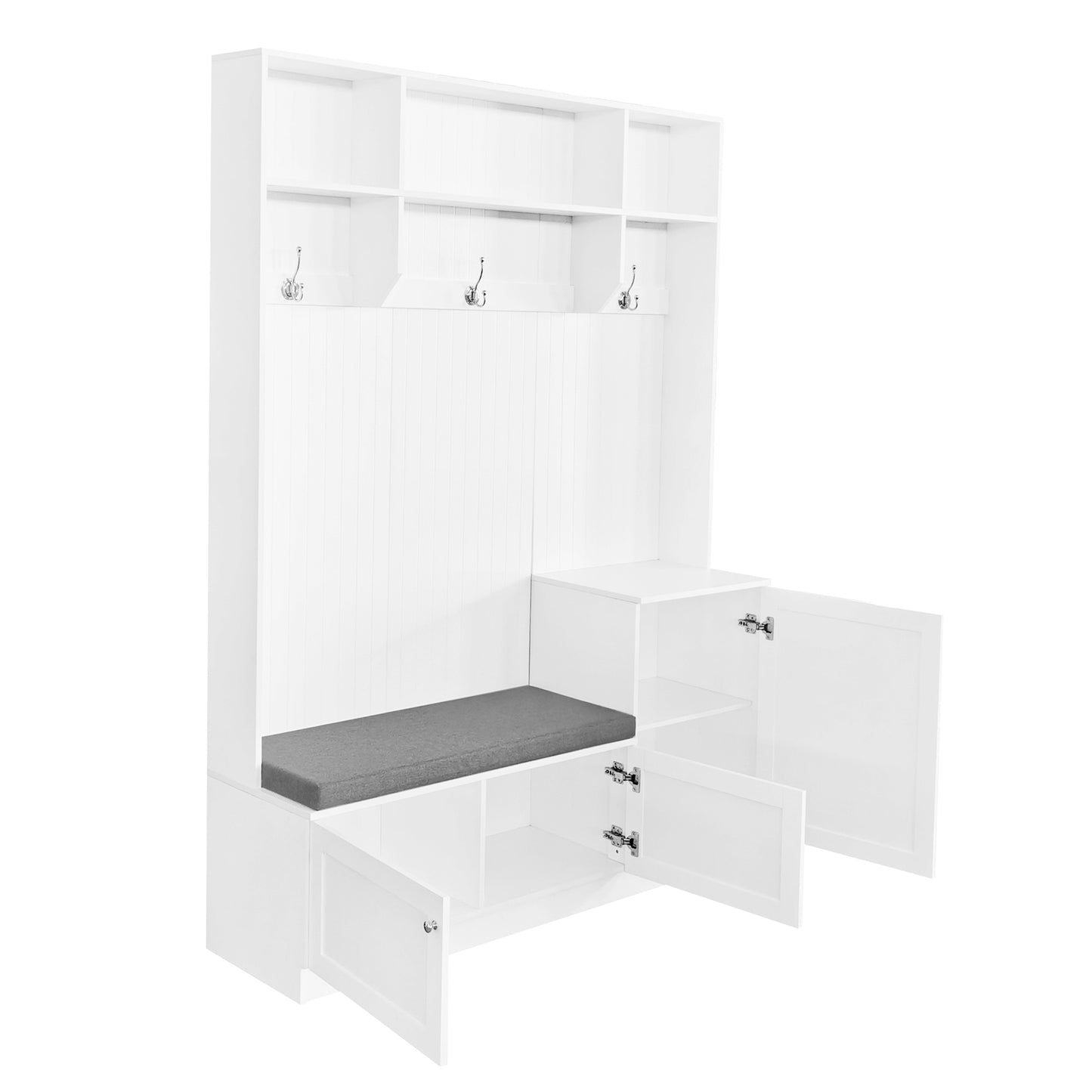 Elegant Hall Tree with Storage Bench and Cushion Modern Coat Rack with Hooks for Entryways White