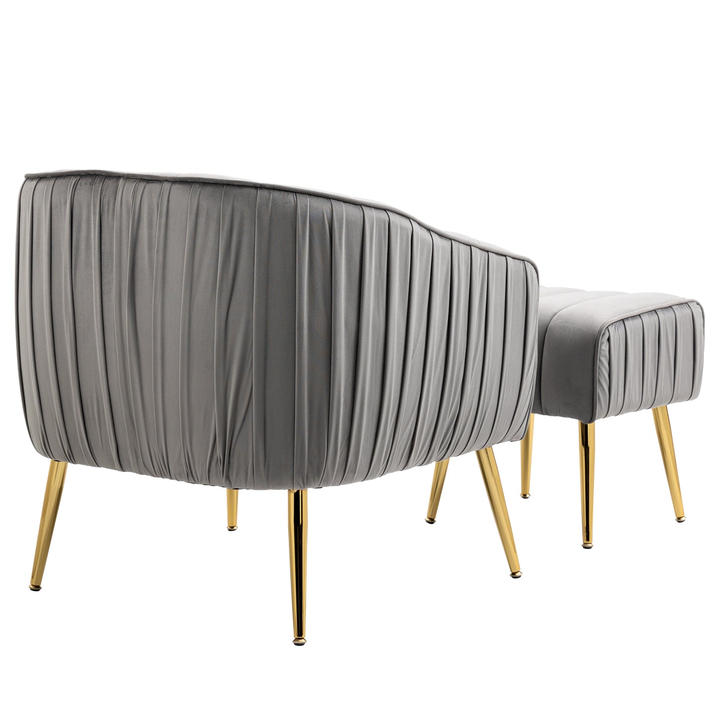 Modern Velvet Accent Chair and Ottoman Set Tufted Barrel Design for Living Room Bedroom Grey with Golden Finish