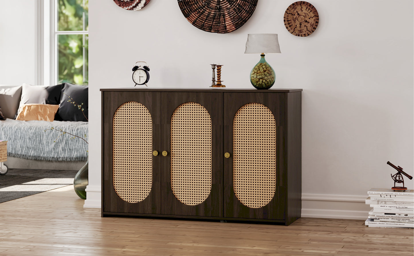 Retro 3-Door Accent Cabinet with Rattan Doors and Metal Handles for Living Room and Hallway Storage Brown