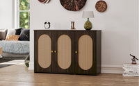 Retro 3-Door Accent Cabinet with Rattan Doors and Metal Handles for Living Room and Hallway Storage Brown