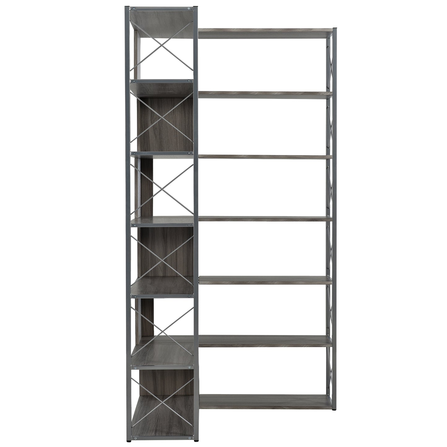 L-Shaped 7-Tier Corner Bookcase Industrial Style Metal Frame Open Storage Shelf MDF Board Home Office Furniture