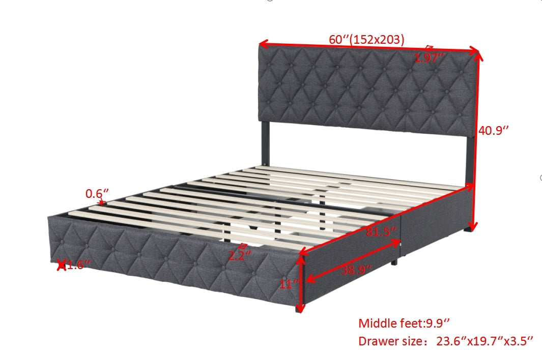 Queen Size Upholstered Platform Bed Frame with Storage Drawers Adjustable Linen Headboard Easy Assembly Light Beige