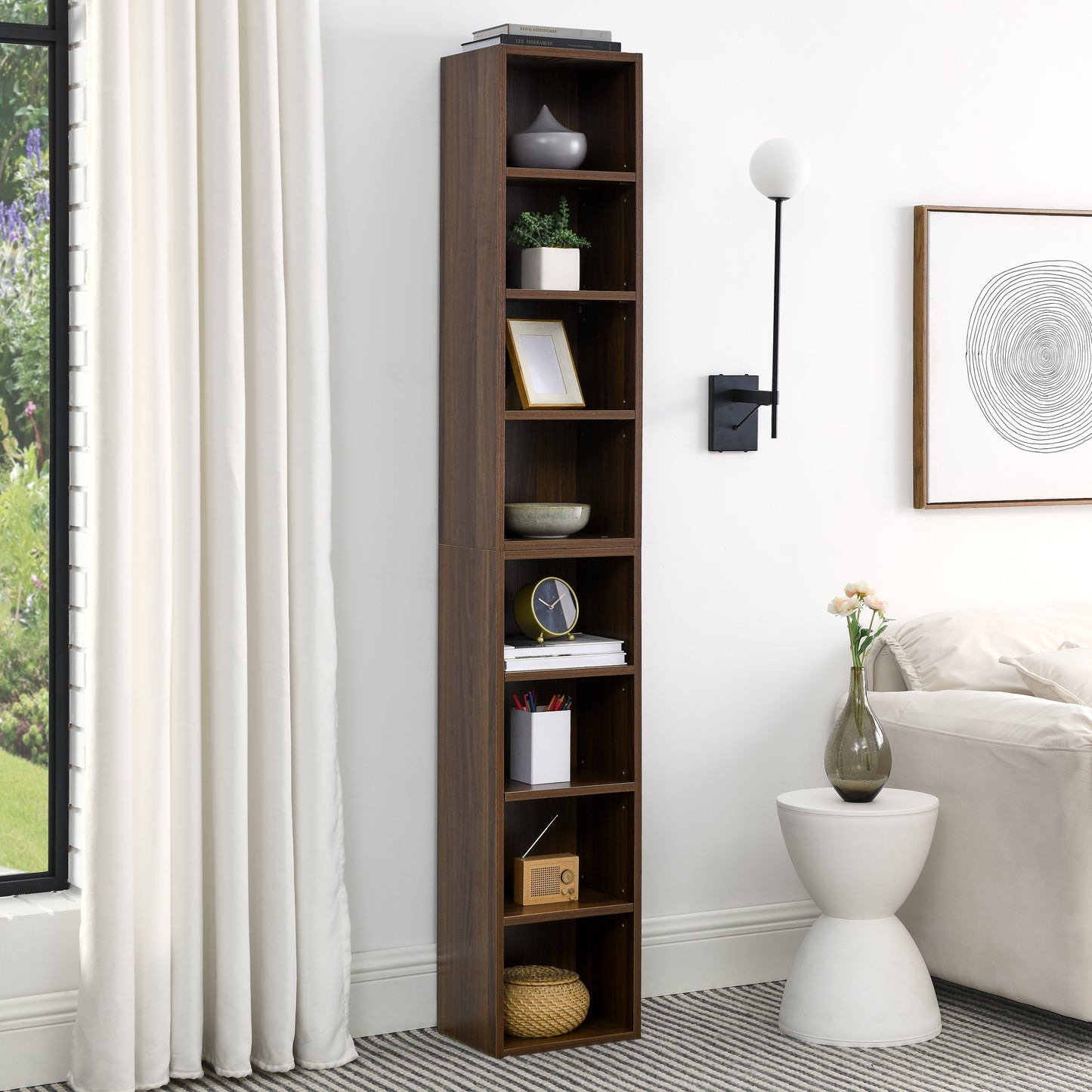 8-Tier Slim Media Tower Rack Adjustable Shelves Tall Bookcase Storage Cabinet for Home Office Display