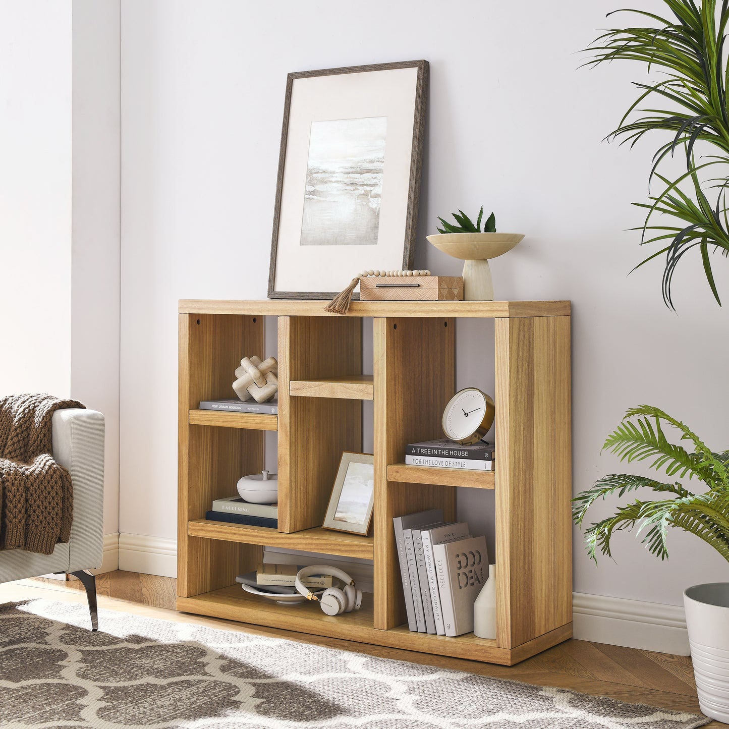 Open Wooden Shelf Bookcase Freestanding Display Storage Cabinet with 7 Cube Spaces for Living Room Entryway Storage