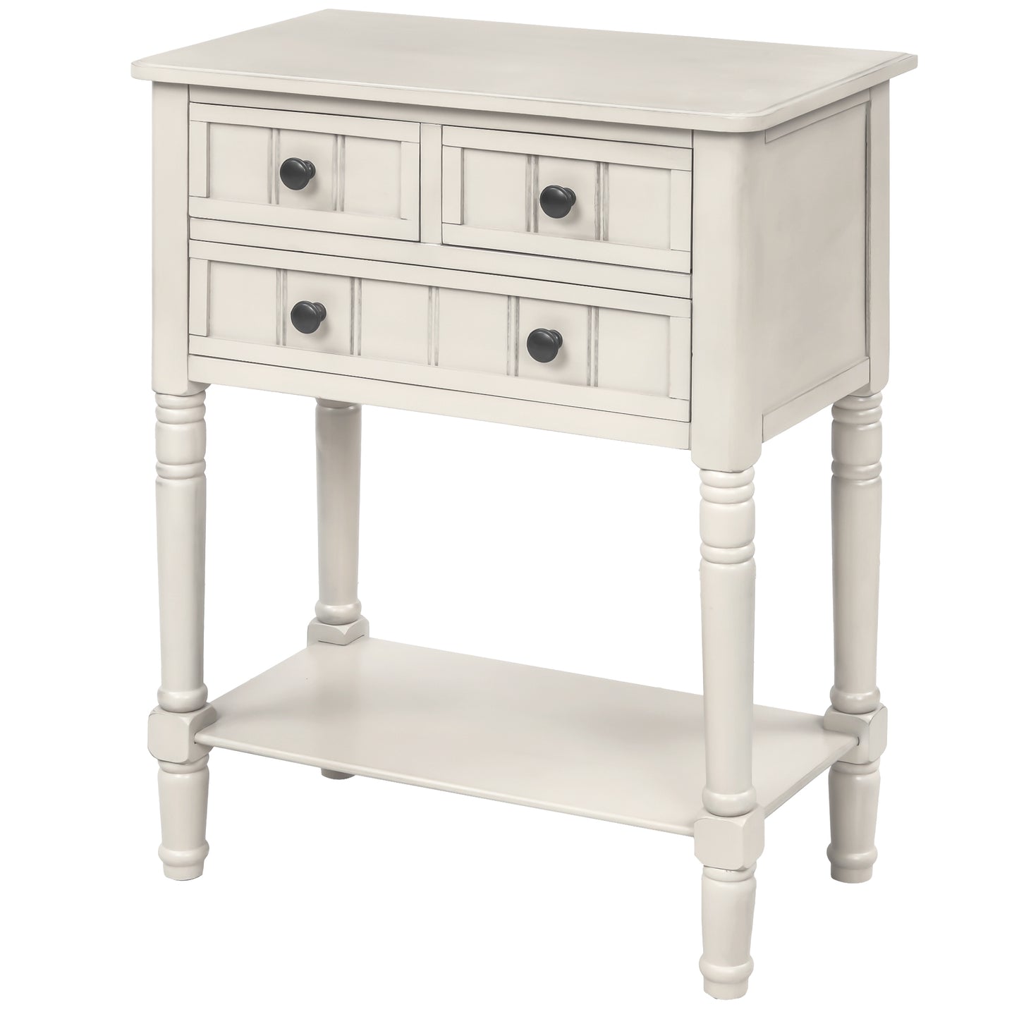 Slim Ivory White Console Table with 3 Storage Drawers and Bottom Shelf for Entryway or Living Room