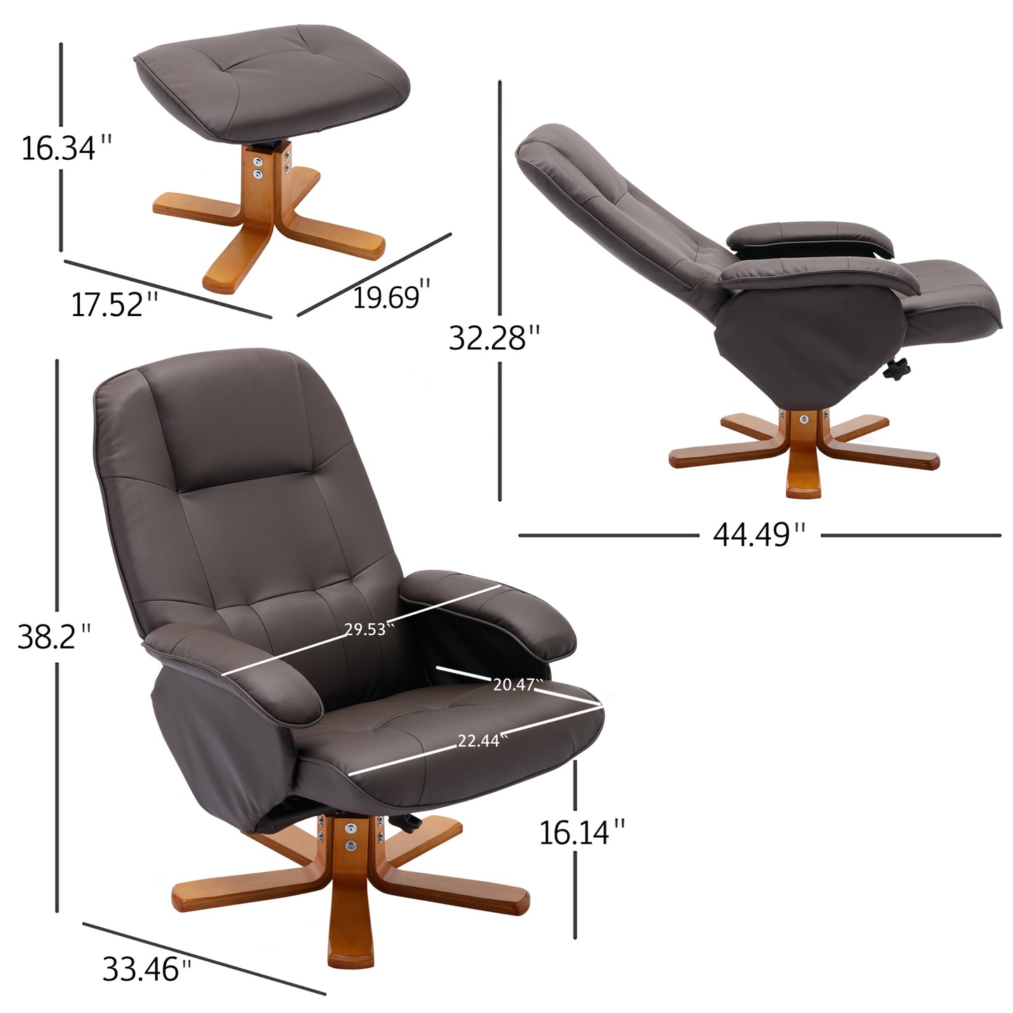 Swivel Recliner Chair with Ottoman Faux Leather Beige Brown Wood Base for Living Room Bedroom