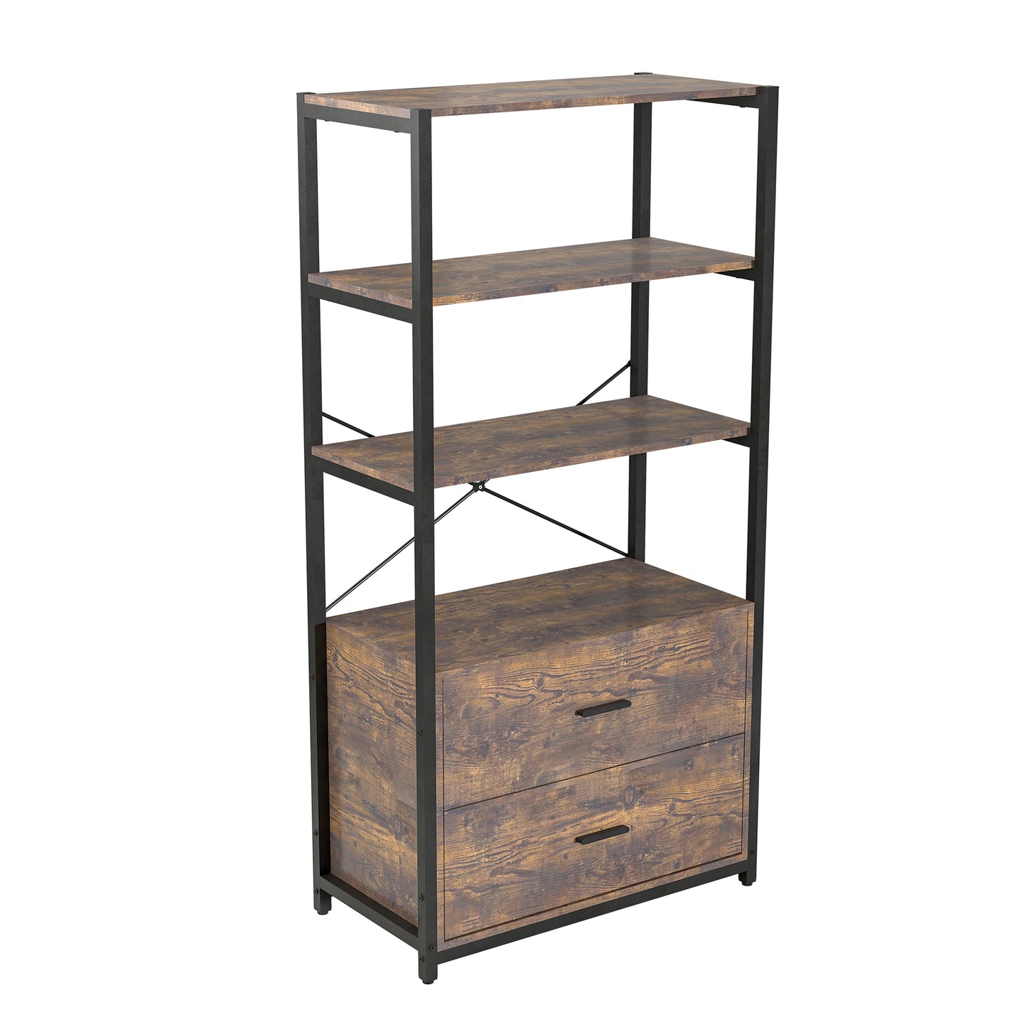 Industrial 62.7 in Tall Bookshelf with File Cabinet Drawers 4 Tier Freestanding Storage Home Office Organizer Rustic Vintage Brown