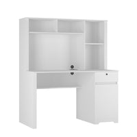 White Wood Executive Desk with Hutch Bookshelf 3 AC Outlets 2 USB Ports for Home Office Study