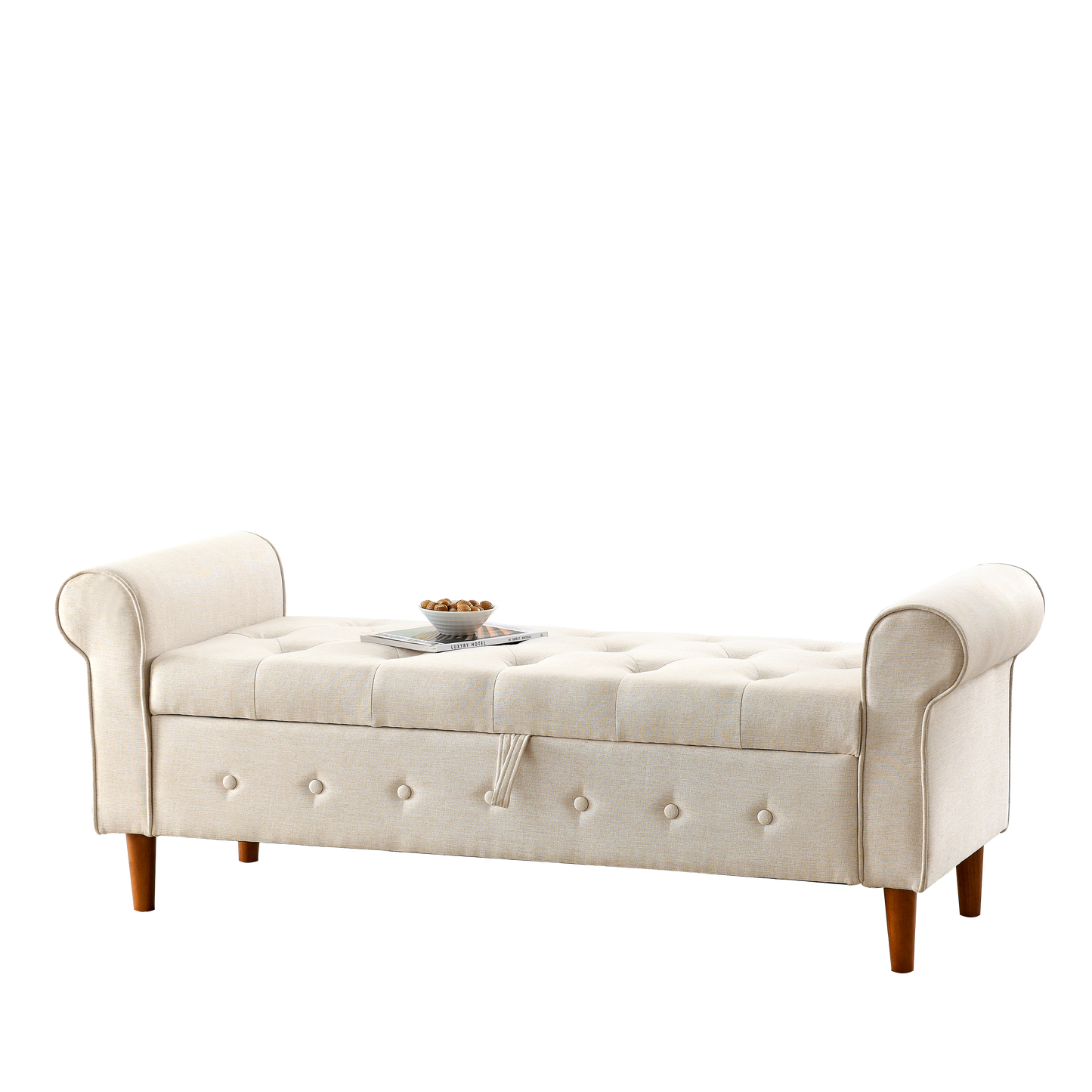 62 Inch Tufted Button Storage Bench Modern Fabric Ottoman Rolled Arm Design for Bedroom Living Room Foyer Beige