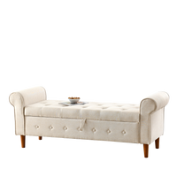 62 Inch Tufted Button Storage Bench Modern Fabric Ottoman Rolled Arm Design for Bedroom Living Room Foyer Beige