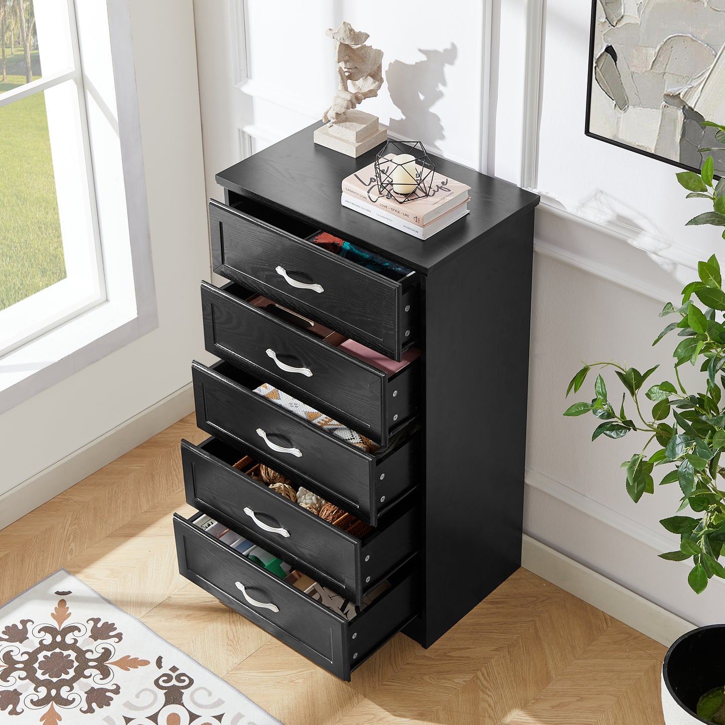 Modern 5 Tier Chest of Drawers with Metal Pulls for Bedroom Living Room Organizer Black 25.2L x 15.8W x 43.5H