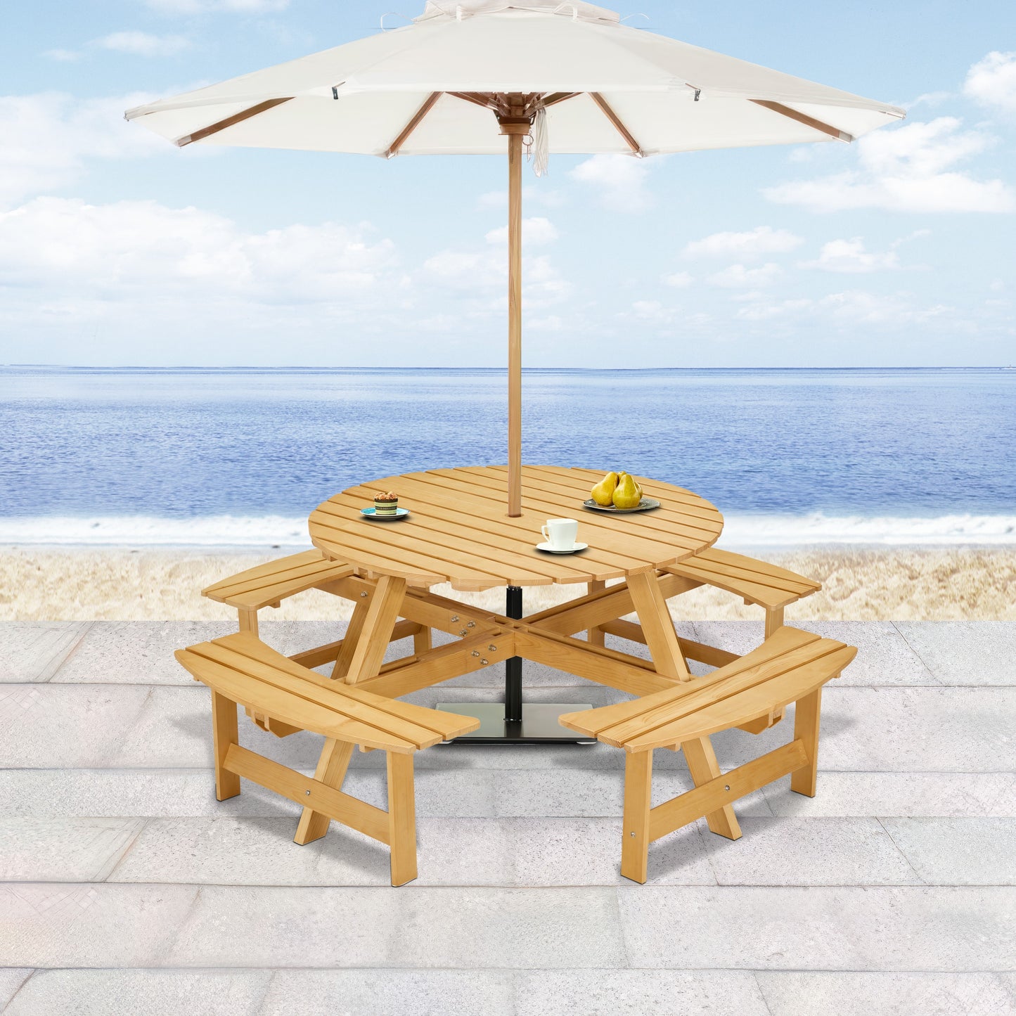 8 Person Round Picnic Table with Built-in Benches and Umbrella Hole for Garden Backyard Patio