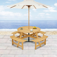 8 Person Round Picnic Table with Built-in Benches and Umbrella Hole for Garden Backyard Patio