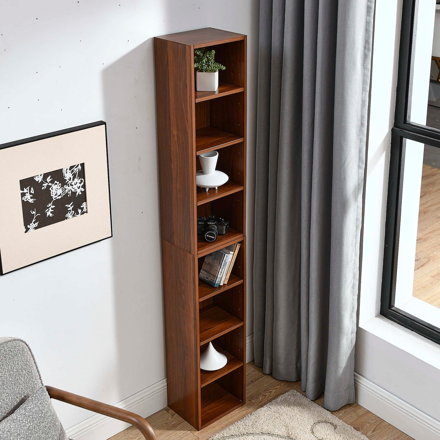 8-Tier Slim Media Tower Rack Adjustable Shelves Tall Bookcase Storage Cabinet for Home Office Display