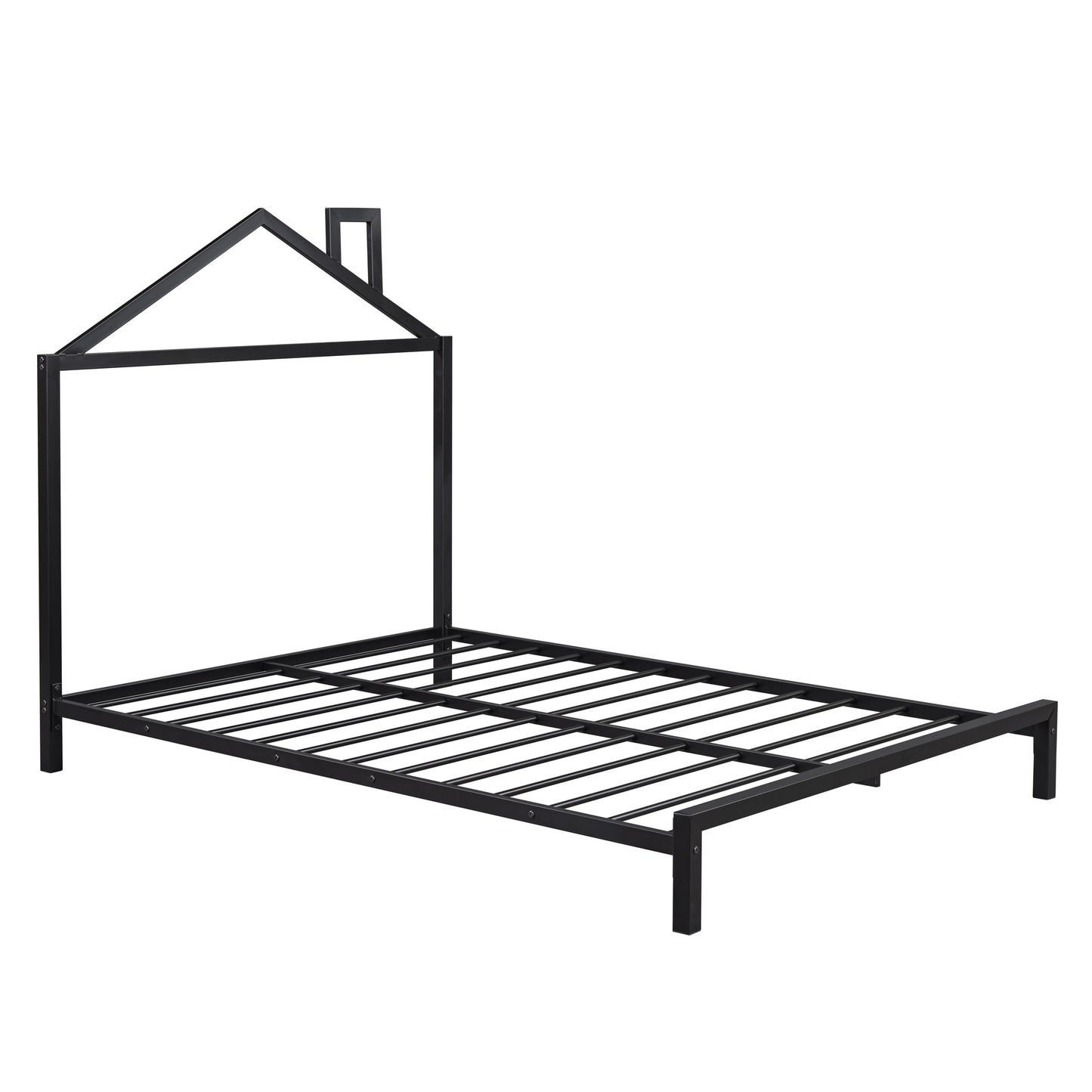 Full Size Metal Platform Bed with House-Shaped Headboard Design, Black