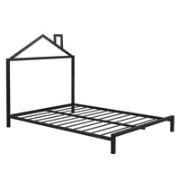 Full Size Metal Platform Bed with House-Shaped Headboard Design, Black