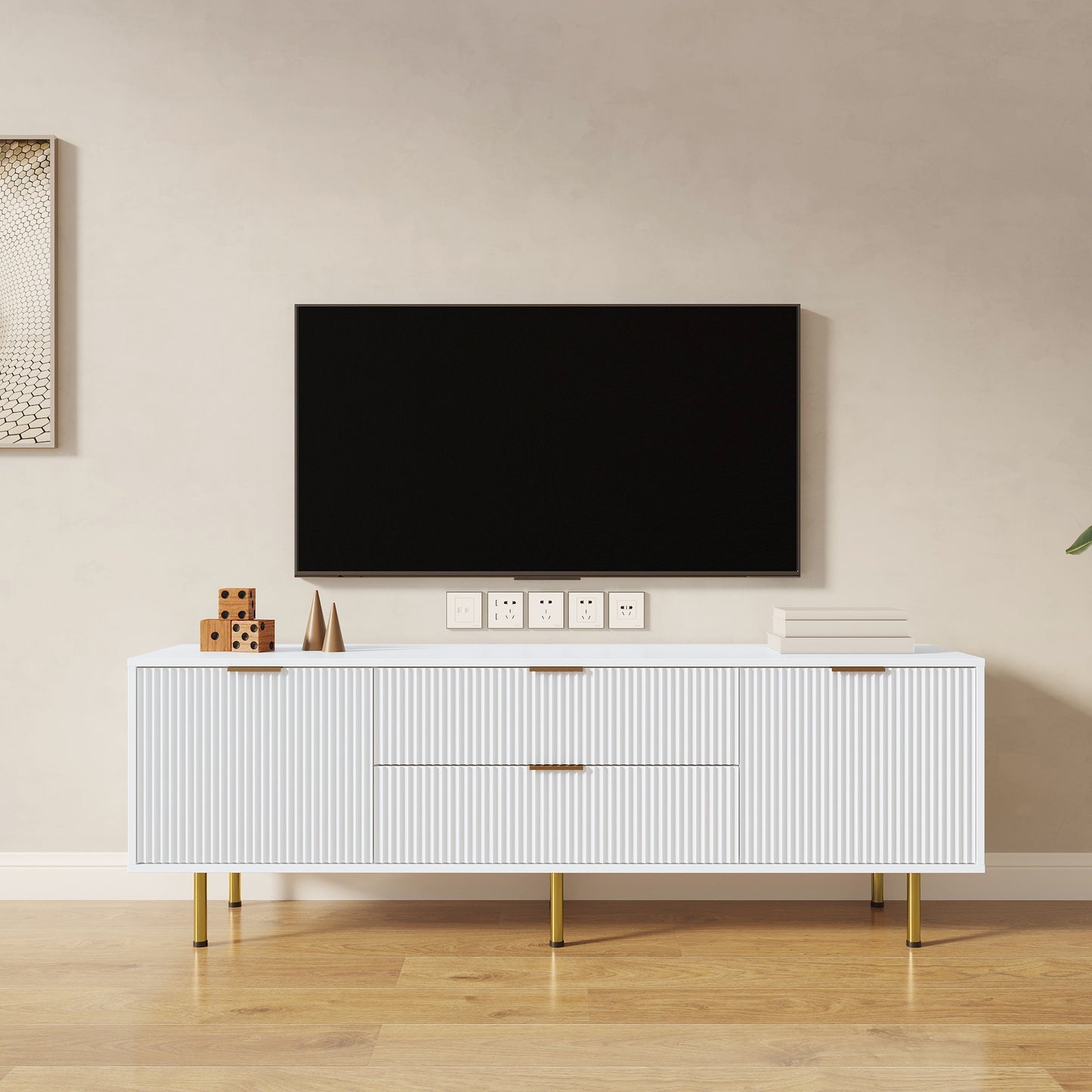 Modern Warm White TV Cabinet for Living Room Bedroom Storage Unit Entertainment Center