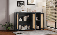 Retro 3-Door Accent Cabinet with Rattan Doors and Metal Handles for Living Room and Hallway Antique Black