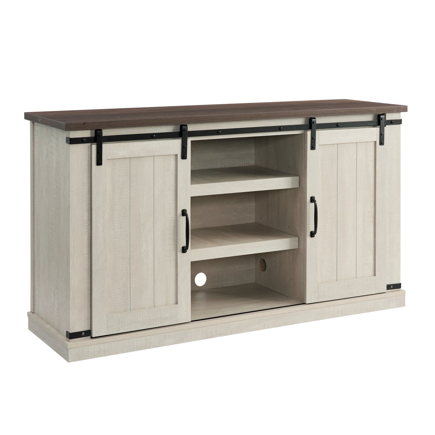 Classic Farmhouse TV Stand for TVs Up to 60 inches with Sliding Doors and Open Storage Light Gray 54.5 InchW 15.75 InchD 30.5 InchH