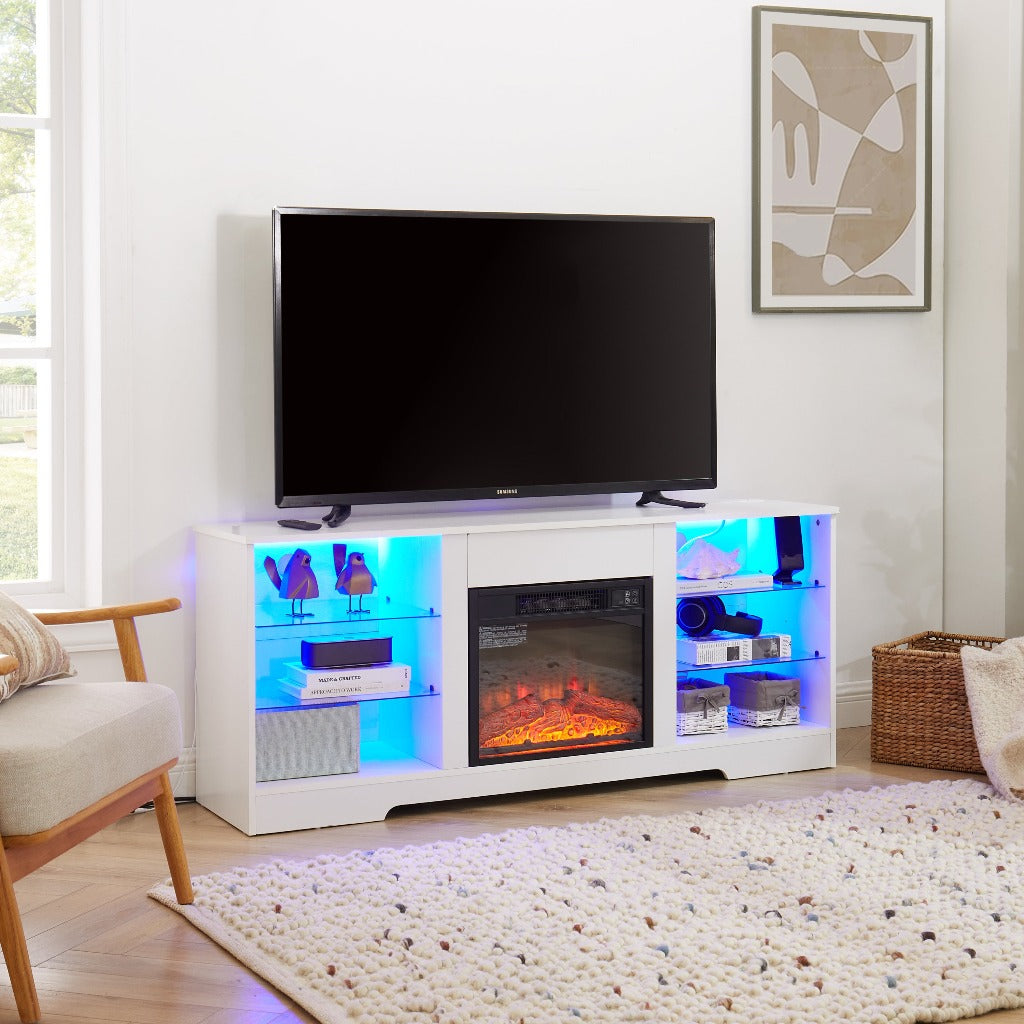 2-IN-1 Electric Fireplace TV Stand Multifunctional Indoor Decoration With Adjustable Flame, LED Lights, And Storage Space