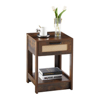 15.75" Rattan End table with  drawer, Modern nightstand, side table for living room, bedroom,Rustic Brown