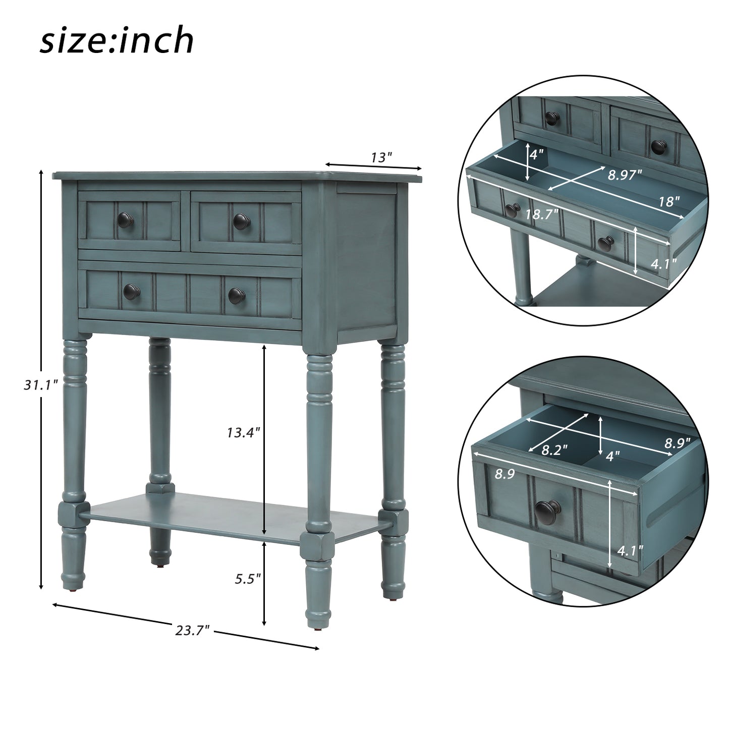 Narrow Console Table with Three Storage Drawers and Bottom Shelf for Living Room Easy Assembly Navy