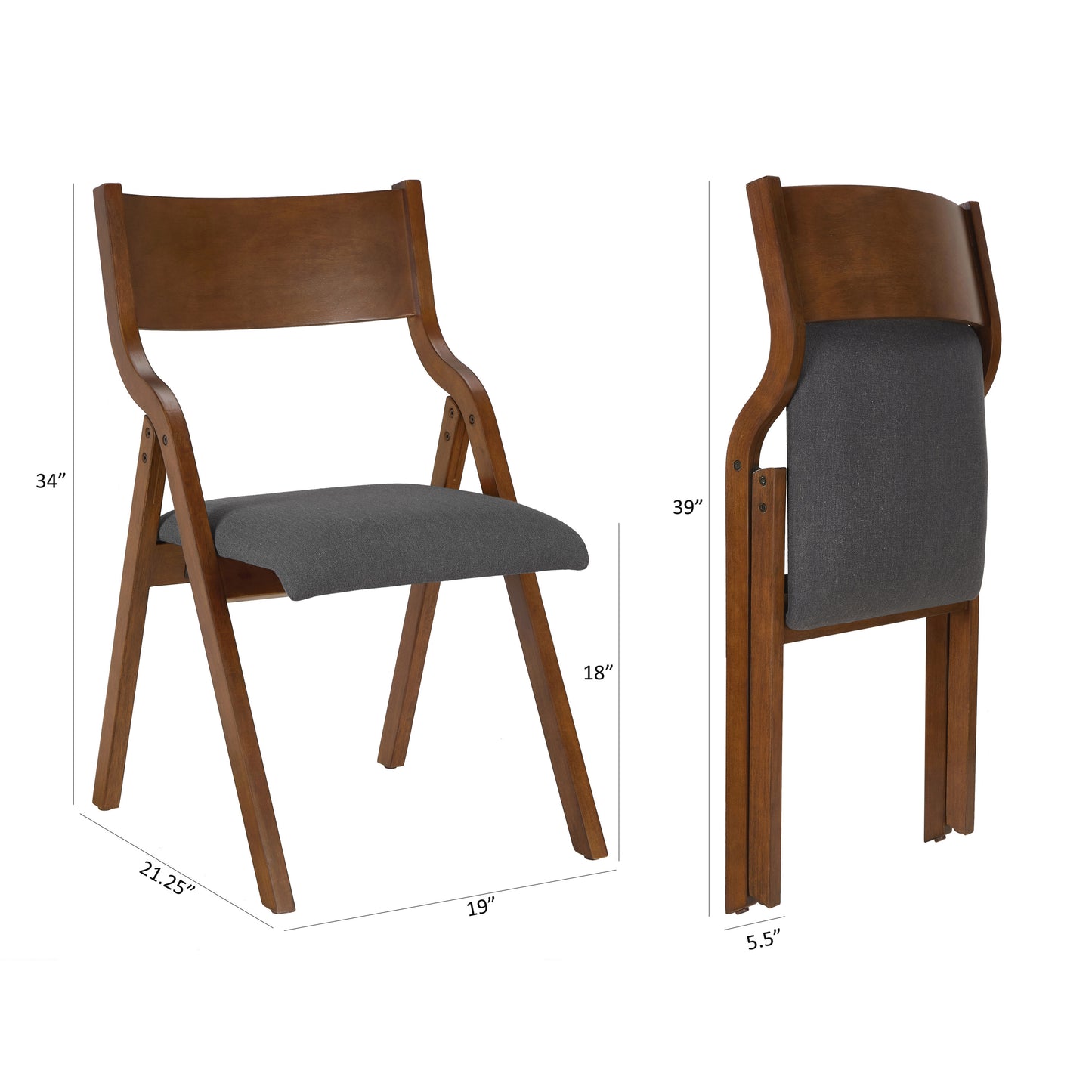 Upholstered folding Dining chair, space saving, easy to carry, Dining Room,No assembly required, 2-Pack-Grey+Walnut