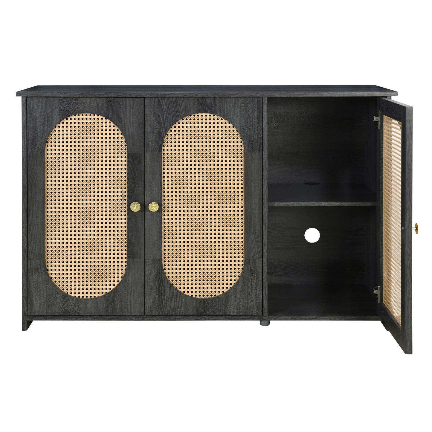 Retro 3-Door Accent Cabinet with Rattan Doors and Metal Handles for Living Room and Hallway Antique Black