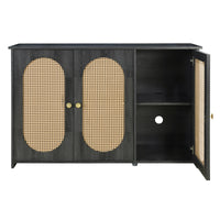 Retro 3-Door Accent Cabinet with Rattan Doors and Metal Handles for Living Room and Hallway Antique Black