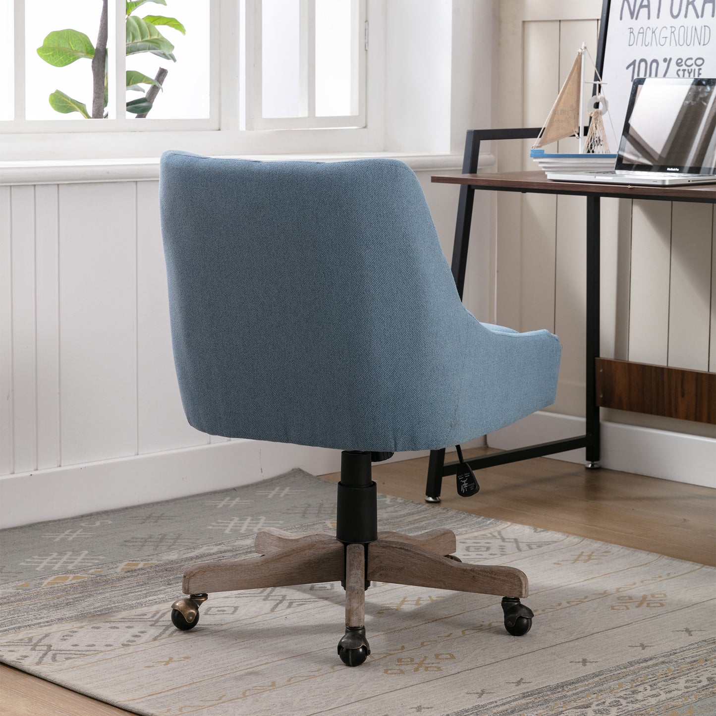 Adjustable Height Swivel Office Chair with Wheels Linen Fabric Upholstered Desk Chair Wooden Legs Navy